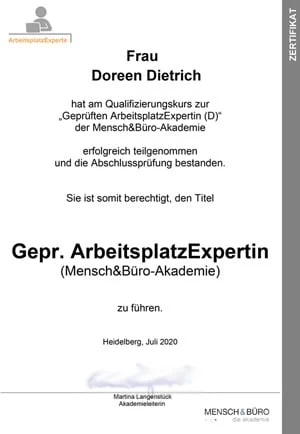 Zertifikat Geprüfte ArbeitsplatzExpertin, Doreen Dietrich